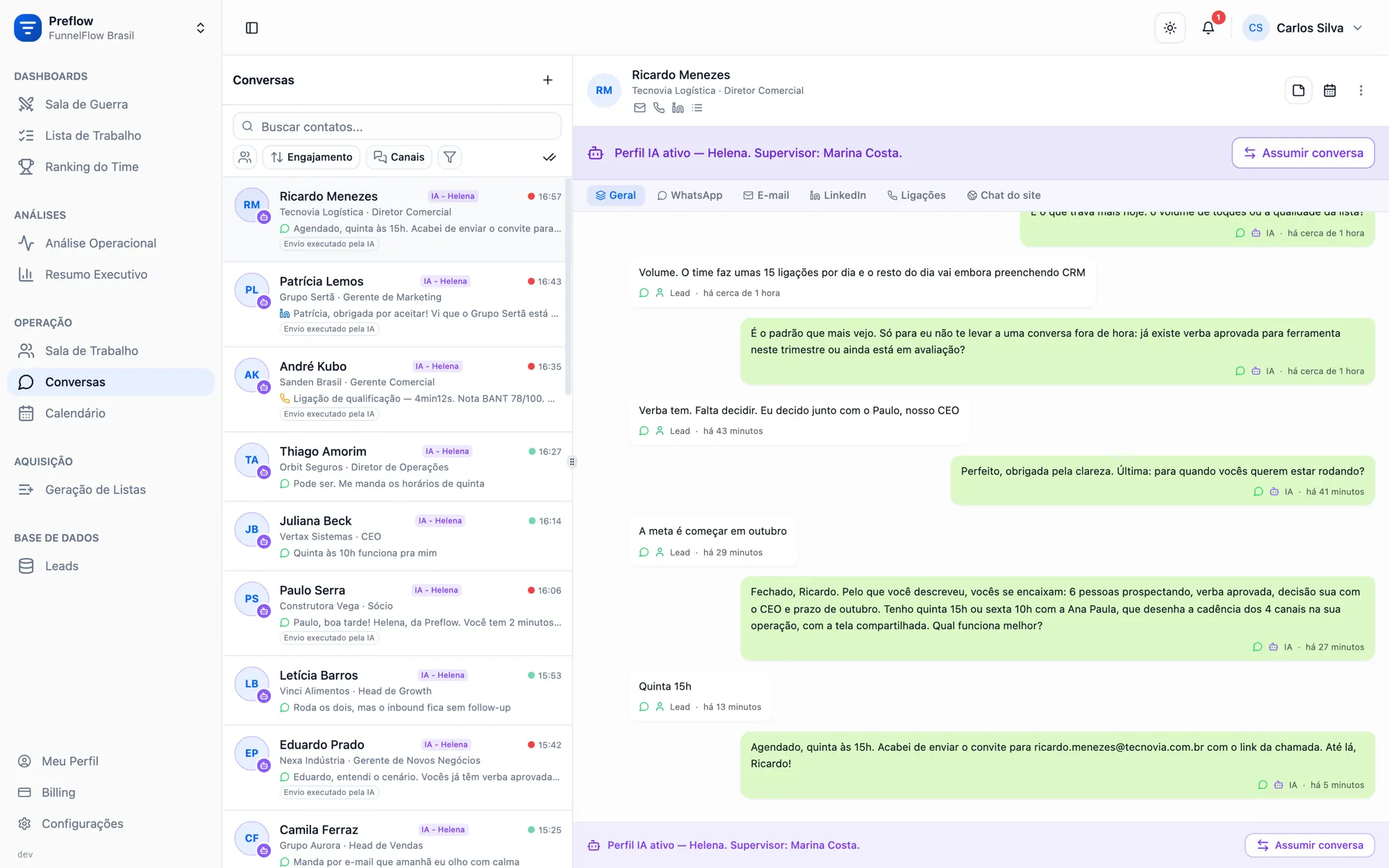 Painel de Conversas do Preflow: a IA qualificando um lead por WhatsApp, conduzindo orçamento, autoridade e prazo antes de agendar
